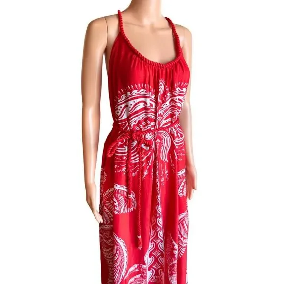 Farm Rio NWT Majestic Coconut Tree Maxi Dress Large Red Linen Blend Tropical - Picture 6 of 11